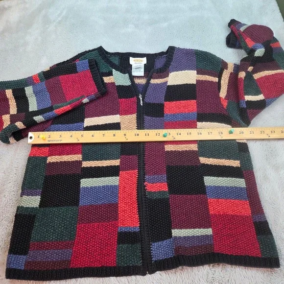 VTG Talbots Linen Blend Patchwork Zip Cardigan Womens Large Hand Knit Multicolor - Picture 5 of 7